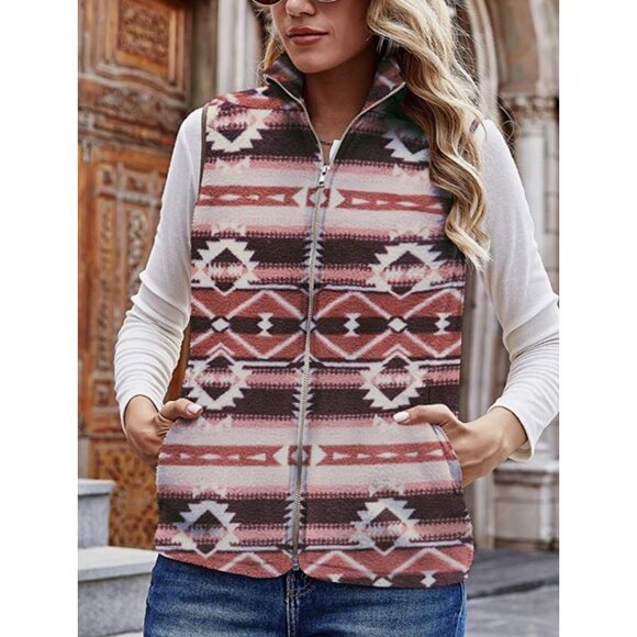 Pink Tribal Aztec Print Faux Sherpa Fur‎ Zip Up Sleeveless Vest Cardigan Sweater - Picture 1 of 7
